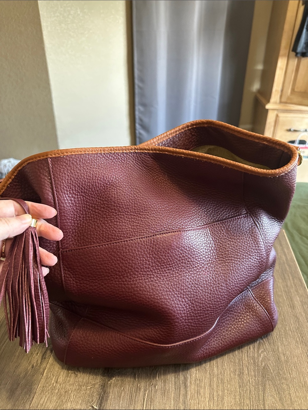 Isaac Mizrahi Burgundy Shoulder Bag with Tan Trim